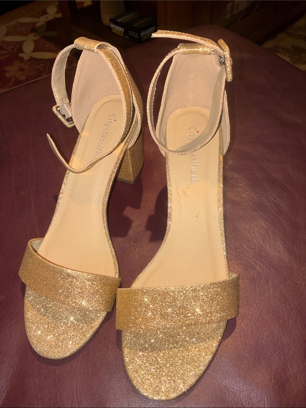 Cityclassified Sparkling Gold Ankle Strap Block Heels